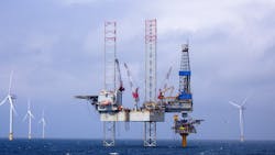The jackup Noble Hans Deul on location over the Blythe platform, with the Dudgeon offshore wind farm in the background. The jackup Noble Hans Deul on location over the Blythe platform, with the Dudgeon offshore wind farm in the background.