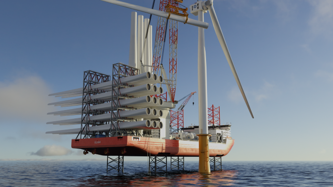 The Jones Act compliant vessel design is hydrogen ready and can transport monopoles vertically.