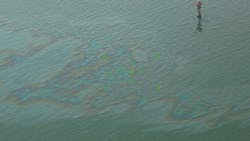 On Sept. 5, a Coast Guard Aviation Training Center Mobile HC-144 Ocean Sentry airplane crew conducted an overflight assessment of the Bay Marchand about 2 mi (3 km) south of Port Fourchon. The crew witnessed an 11-mi (18-km) rainbow sheen that the Coast Guard is actively monitoring. On Sept. 5, a Coast Guard Aviation Training Center Mobile HC-144 Ocean Sentry airplane crew conducted an overflight assessment of the Bay Marchand about 2 mi (3 km) south of Port Fourchon. The crew witnessed an 11-mi (18-km) rainbow sheen that the Coast Guard is actively monitoring.