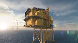 The offshore converter station will collect the alternating current power generated by the wind turbines and transform it to direct current. The offshore converter station will collect the alternating current power generated by the wind turbines and transform it to direct current.