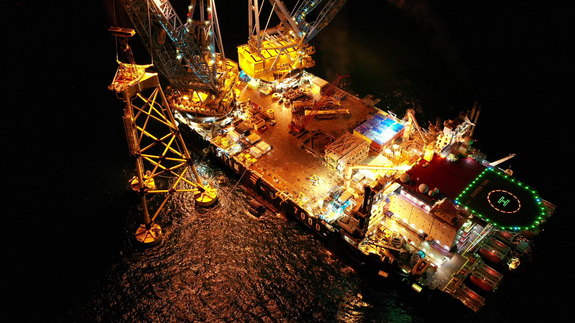 The crane vessel Saipem 7000 installing a 2,000-metric ton jacket at the Seagreen offshore wind farm.