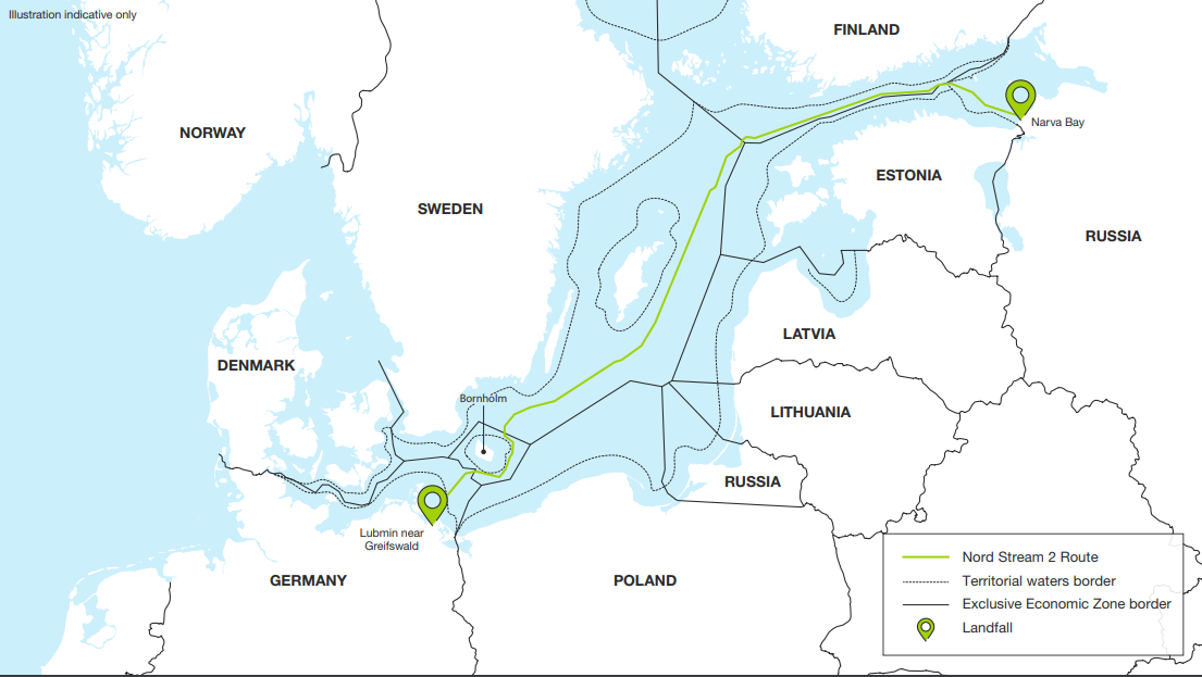 The Nord Stream 2 gas pipeline route.