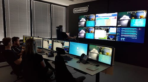 A pilot oversees remote ROV operations from an Oceaneering Onshore Remote Operations Center in Stavanger, Norway.