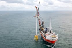 The Wind Osprey installed the wind turbine onto a 2,000-metric ton three-legged caisson jacket foundation. The Wind Osprey installed the wind turbine onto a 2,000-metric ton three-legged caisson jacket foundation.