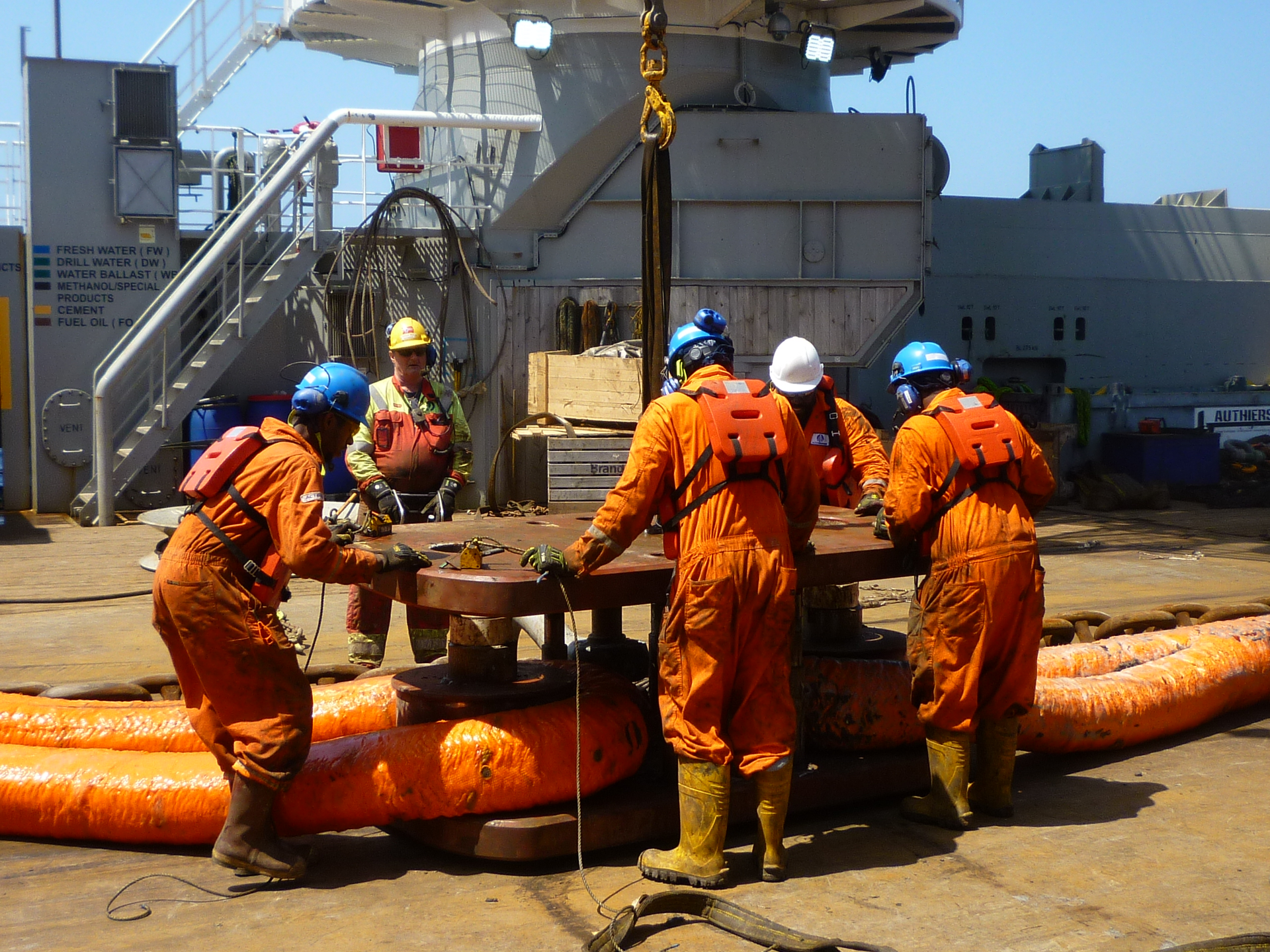 Offshore crew works to deploy mooring system for Argos, the FPU for bp's Mad Dog 2 project.