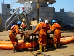 Offshore crew works to deploy mooring system for Argos, the FPU for bp&apos;s Mad Dog 2 project.