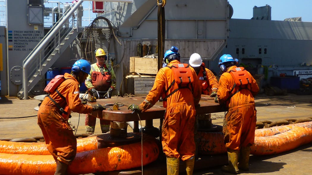 Offshore crew works to deploy mooring system for Argos, the FPU for bp&apos;s Mad Dog 2 project.