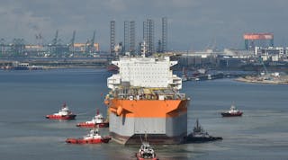 The FPSO Prosperity arrives at the Keppel shipyard in Singapore.