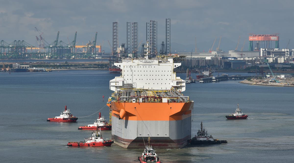 The FPSO Prosperity arrives at the Keppel shipyard in Singapore.