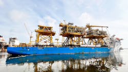 The Tyra West structures will sail onboard the heavy transport vessel BigRoll Beaufort to the Danish North Sea. The Tyra West structures will sail onboard the heavy transport vessel BigRoll Beaufort to the Danish North Sea.