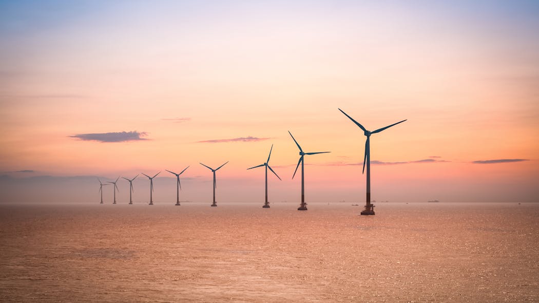 Offshore wind farm at dusk in the east China sea.