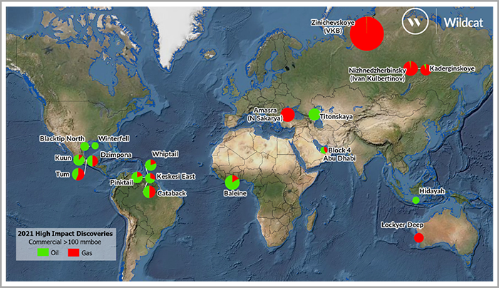 Map showing potentially commercial high-impact discoveries estimated >100 MMboe in 2021.