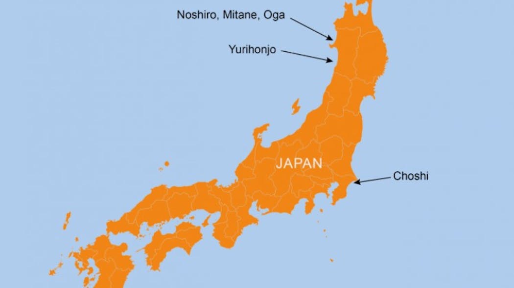 Locations of the three wind projects offshore Japan.