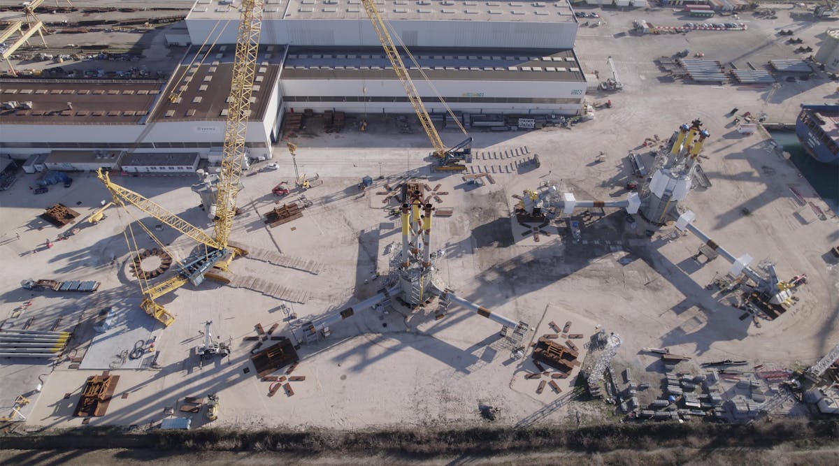 Eiffage M&eacute;tal&rsquo;s yard in Fos-sur-Mer is fabricating three floating structures for a pilot floating offshore wind project in the Mediterranean Sea.