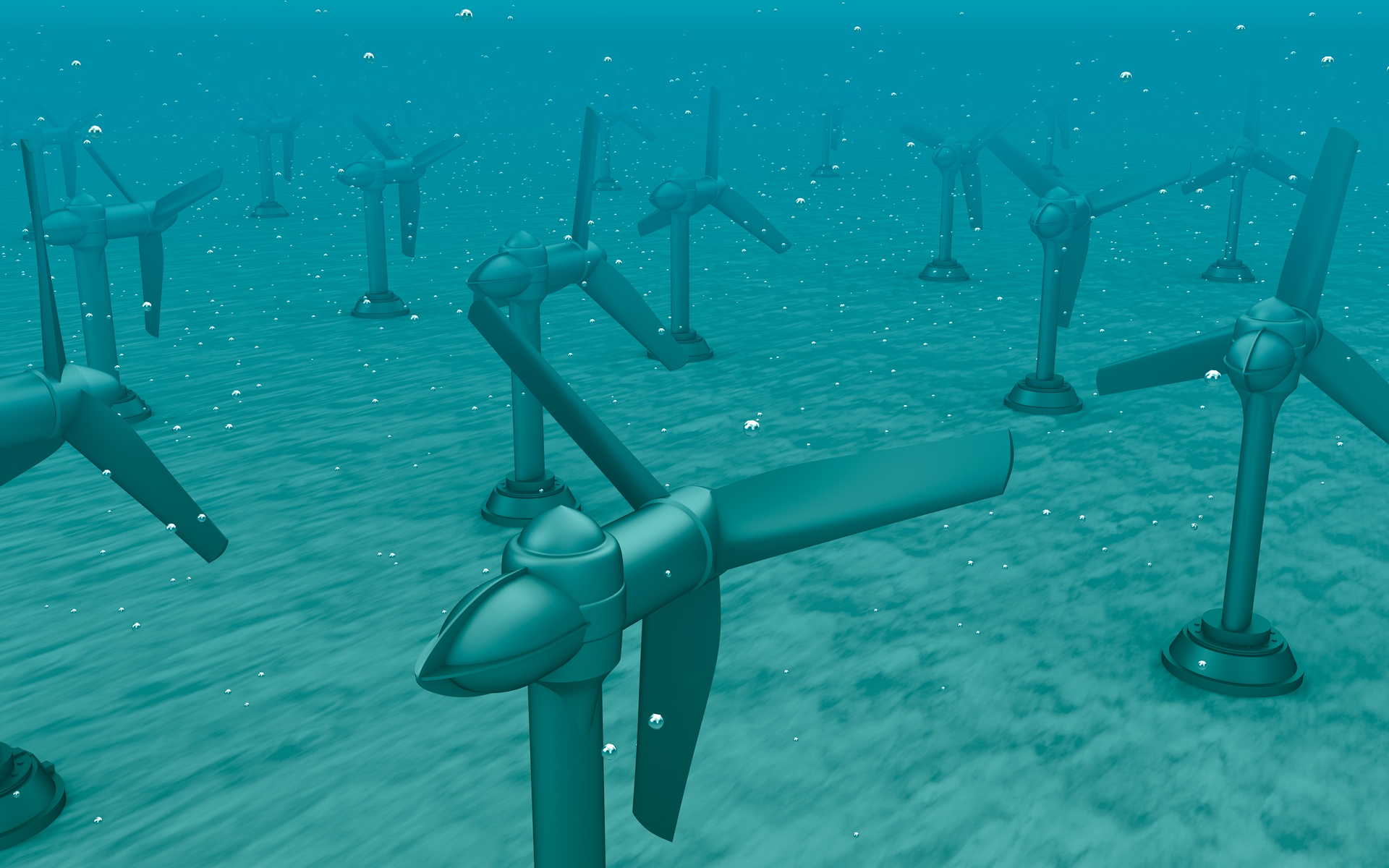 Computer graphic of the type of tidal stream turbines on the seabed for which CGG will design and test new environmental monitoring technology in partnership with the Selkie project.