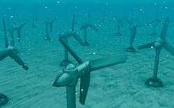 Computer graphic of the type of tidal stream turbines on the seabed for which CGG will design and test new environmental monitoring technology in partnership with the Selkie project. Computer graphic of the type of tidal stream turbines on the seabed for which CGG will design and test new environmental monitoring technology in partnership with the Selkie project.