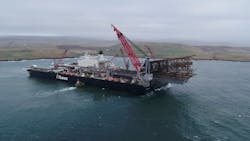 Allseas’ Pioneering Spirit removed the 8,500-metric ton, 83-m (272-ft) tall steel structure in a single lift last week from the Ninian field in the North Sea. Allseas’ Pioneering Spirit removed the 8,500-metric ton, 83-m (272-ft) tall steel structure in a single lift last week from the Ninian field in the North Sea.