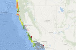 This map comprises spatial datasets provided by BOEM to highlight wind resources and wind energy areas along the coast of California.