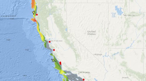 This map comprises spatial datasets provided by BOEM to highlight wind resources and wind energy areas along the coast of California.
