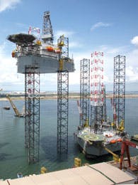The KFELS B Class jackup rigs are able to operate in water depths of 400 ft, drilling depth of 30,000 ft, accommodate 150 men and are readily upgradeable to higher performance capabilities. The KFELS B Class jackup rigs are able to operate in water depths of 400 ft, drilling depth of 30,000 ft, accommodate 150 men and are readily upgradeable to higher performance capabilities.