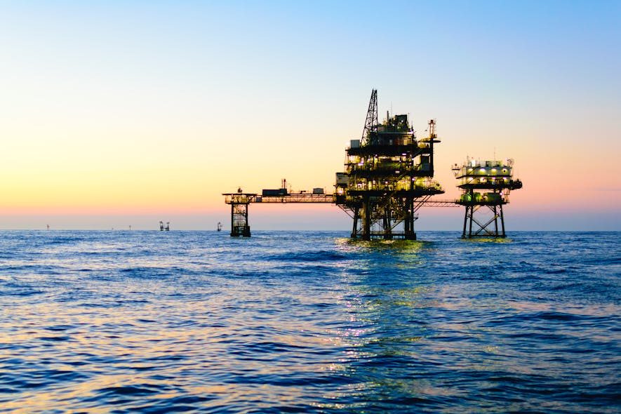 An offshore oil platform operates in the Gulf of Mexico off the coast of Louisiana.
