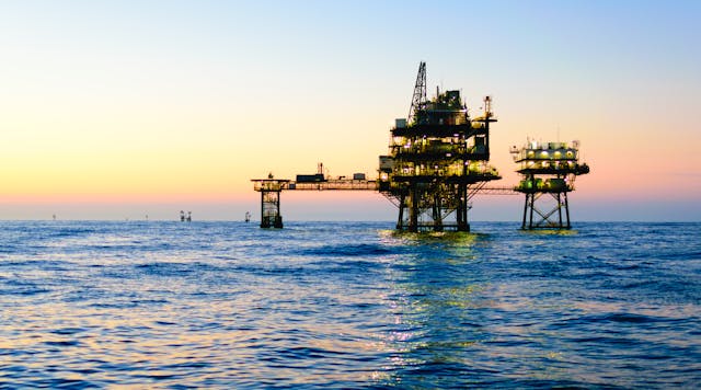 An offshore oil platform operates in the Gulf of Mexico off the coast of Louisiana.