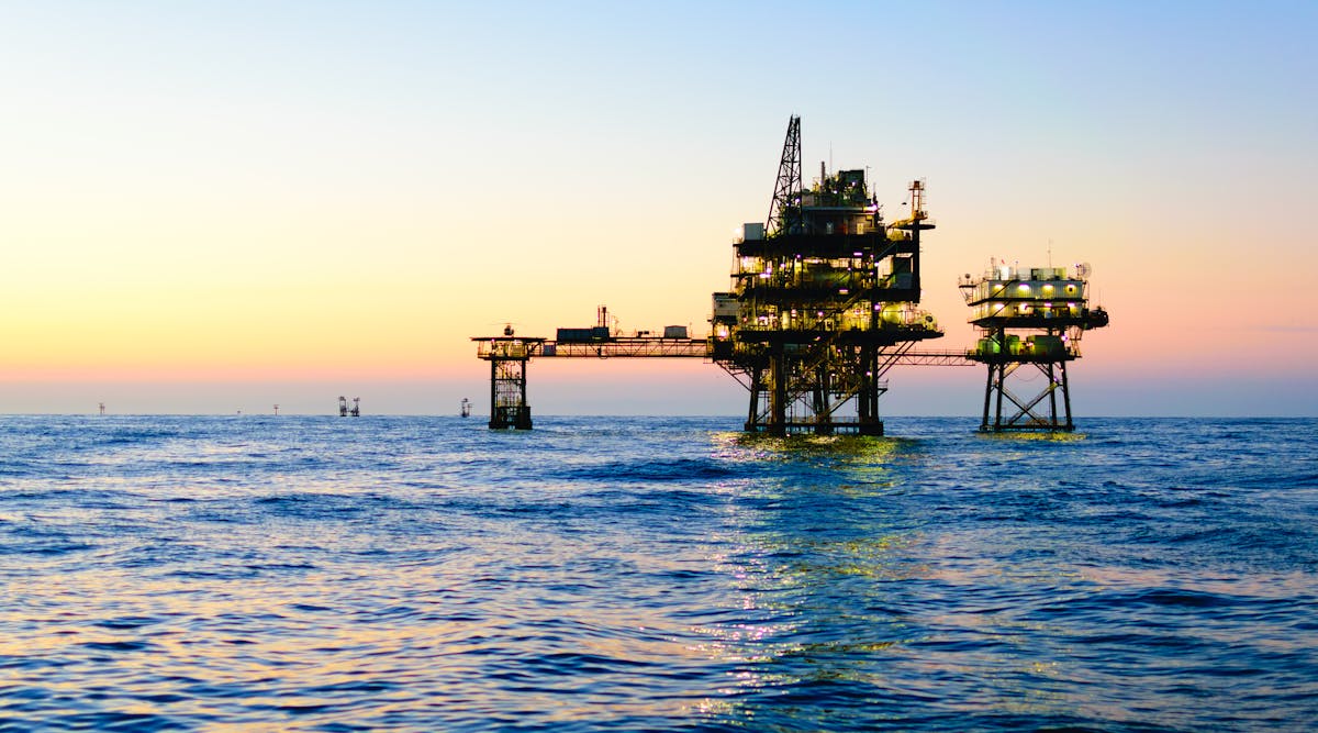 An offshore oil platform operates in the Gulf of Mexico off the coast of Louisiana.