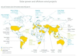 This illustration details TotalEnergies&apos; solar power and offshore wind projects.