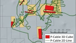This program map depicts TGS multiclient P-Cable data acquired offshore Norway in 2014 and 2015 with a combination of regional 2D lines and targeted 3D data volumes. This program map depicts TGS multiclient P-Cable data acquired offshore Norway in 2014 and 2015 with a combination of regional 2D lines and targeted 3D data volumes.
