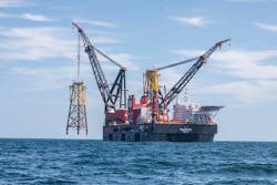 Saipem used Heerema&apos;s Sleipnir offshore wind installation vessel to place the 1,100-metric-ton topside onto one of the two foundation jackets.