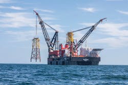 Saipem used Heerema's Sleipnir offshore wind installation vessel to place the 1,100-metric-ton topside onto one of the two foundation jackets. Saipem used Heerema's Sleipnir offshore wind installation vessel to place the 1,100-metric-ton topside onto one of the two foundation jackets.