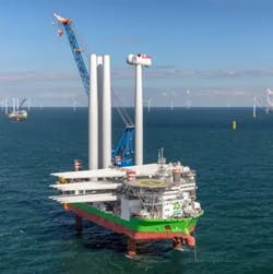 The Sea Installer and Sea Challenger jackup vessels, one of which is pictured at the Borssele offshore wind farm, are capable of carrying and installing up to eight 4-MW turbines of four 6-MW to 8-MW turbines in a single transit. The Sea Installer and Sea Challenger jackup vessels, one of which is pictured at the Borssele offshore wind farm, are capable of carrying and installing up to eight 4-MW turbines of four 6-MW to 8-MW turbines in a single transit.