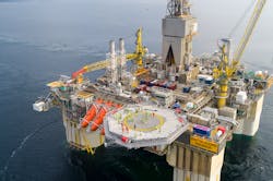 The modified Njord A drilling/production platform back on location in the Norwegian Sea. The modified Njord A drilling/production platform back on location in the Norwegian Sea.