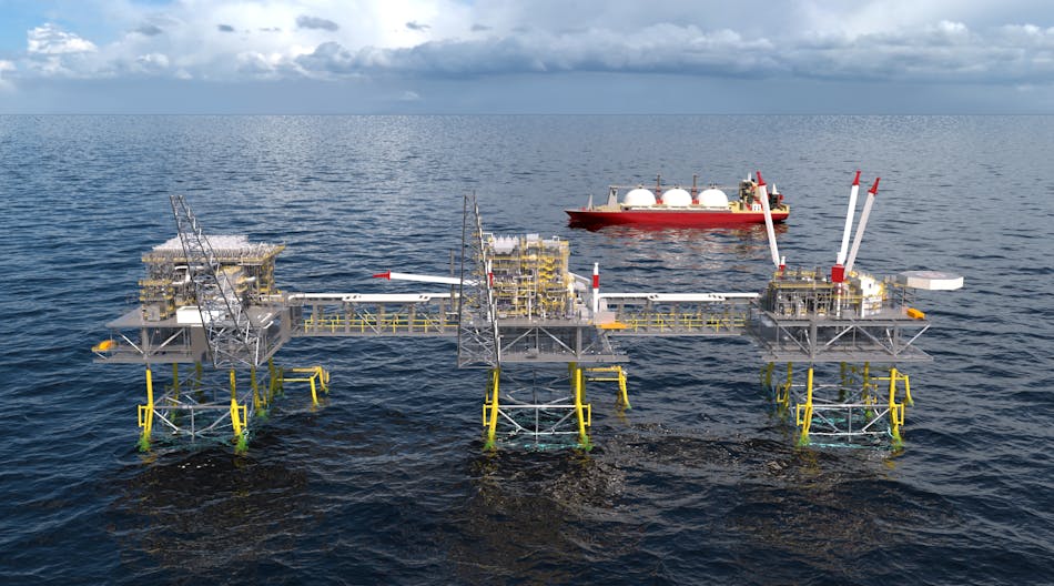 Conceptual drawing of a midscale LNG plant installed on three fixed jacket offshore platforms.