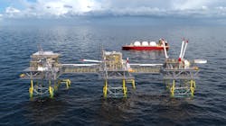 Conceptual drawing of a midscale LNG plant installed on three fixed jacket offshore platforms. Conceptual drawing of a midscale LNG plant installed on three fixed jacket offshore platforms.