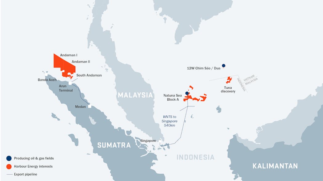 Harbour Energy says it has a dominant position in the Natuna Sea delivering gas into Singapore. Natuna Sea Block A is located near the maritime borders between Malaysia, Indonesia and Vietnam.