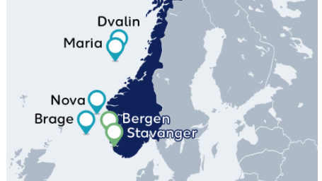 The blue icons represent Wintershall's Norwegian areas of operation, and the green icons represent the company's office locations.