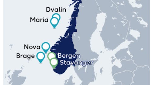 The blue icons represent Wintershall&apos;s Norwegian areas of operation, and the green icons represent the company&apos;s office locations.