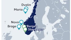 The blue icons represent Wintershall&apos;s Norwegian areas of operation, and the green icons represent the company&apos;s office locations.