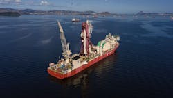 The deepwater pipelay vessel Deep Blue operates offshore Brazil and is seen here sailing out of the Porto do A&ccedil;u.