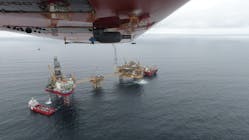 A Flylogix drone conducts emissions monitoring for an offshore operator.