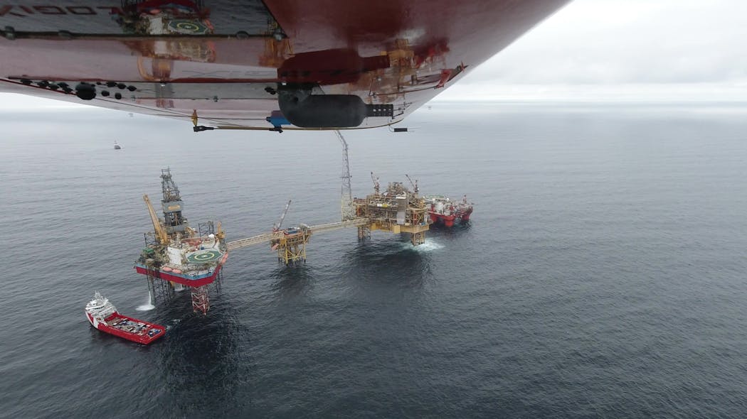 A Flylogix drone conducts emissions monitoring for an offshore operator.