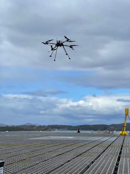 A Nordic Unmanned logistics drone prepares to land on a helideck.