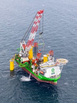 Sub-contractor DEME deployed its Innovation vessel for installation of the first foundations on Dogger Bank A. Sub-contractor DEME deployed its Innovation vessel for installation of the first foundations on Dogger Bank A.