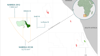 In February 2022, operator TotalEnergies successfully drilled the Venus-1X well to a total depth of 6,296 m, discovering significant quantities of light, sweet oil, with associated gas within an Albian basin floor fan deposit. The map displays PEL56 Block 2913B located offshore southern Namibia. Impact Oil &amp; Gas entered the license as operator in 2014 and was subsequently joined by TotalEnergies in 2017 and by QatarEnergy in 2019.