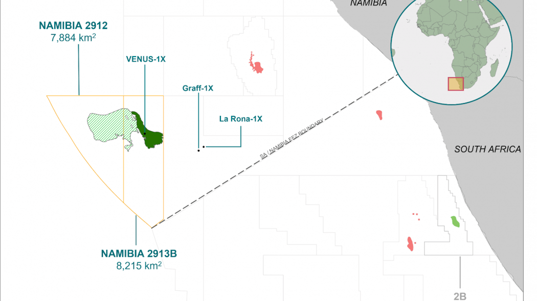 In February 2022, operator TotalEnergies successfully drilled the Venus-1X well to a total depth of 6,296 m, discovering significant quantities of light, sweet oil, with associated gas within an Albian basin floor fan deposit. The map displays PEL56 Block 2913B located offshore southern Namibia. Impact Oil &amp; Gas entered the license as operator in 2014 and was subsequently joined by TotalEnergies in 2017 and by QatarEnergy in 2019.
