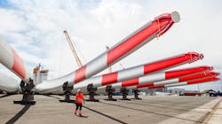 Siemens Gamesa is celebrating the first green energy generated from a turbine fitted with its RecyclableBlades technology. The turbines form part of RWE’s Kaskasi offshore wind project located in the German North Sea. Pictured: Siemens Gamesa RecyclableBlades leaving hull for the Kaskasi offshore development. Siemens Gamesa is celebrating the first green energy generated from a turbine fitted with its RecyclableBlades technology. The turbines form part of RWE’s Kaskasi offshore wind project located in the German North Sea. Pictured: Siemens Gamesa RecyclableBlades leaving hull for the Kaskasi offshore development.