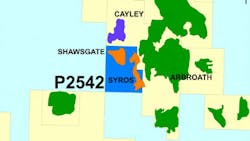 Syros is the main prospect on P2542 and is mapped on 3D seismic data as a pinch out of the Fulmar Fm against the high. Syros is the main prospect on P2542 and is mapped on 3D seismic data as a pinch out of the Fulmar Fm against the high.