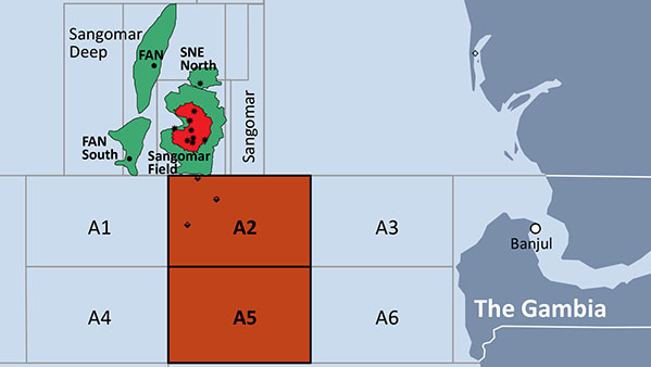 The map depicts Gambia's Block A2 and A5 prospective resource volumes (unrisked, recoverable resources, 100% equity basis).Green areas represent oil discoveries and the red represents gas discoveries.