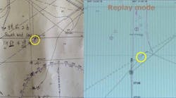 Navigation aids used by the Ocean Princess bridge team, with the location of platform SP-83A are shown, annotated by NTSB with a yellow circle (images are at different scales). A photo of the British Admiralty chart 3857 (left) and ECDIS screenshot from the Ocean Princess fed by NOAA ENCs (right), which were up to date at the time of the casualty, are also shown. The British Admiralty chart shows SP-83A while the ECDIS image does not.